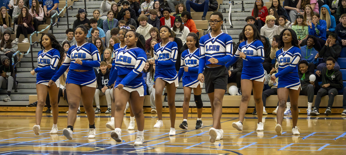 L'Anse Creuse High School Cheer Team performance at the 2024 Charity Week Reveal Assembly